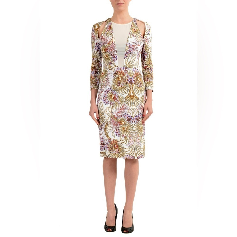 Just Cavalli Faux V Neck Illusion Knee Length Floral Printed Sheath Dress 36